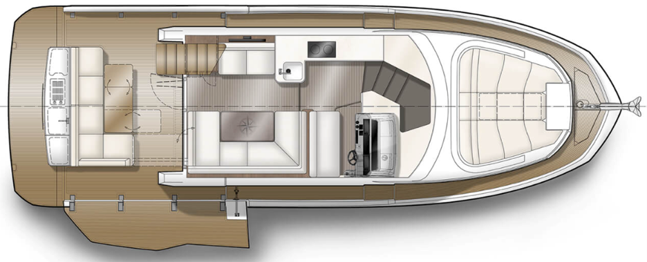 The layout of the main deck of the Galeon 440 Fly. The fold-out side decks are optional.