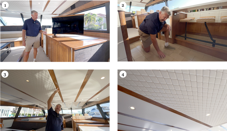 Valder Yachts, The Keys - salon features including tv, cork flooring, accent wood, and faux leather