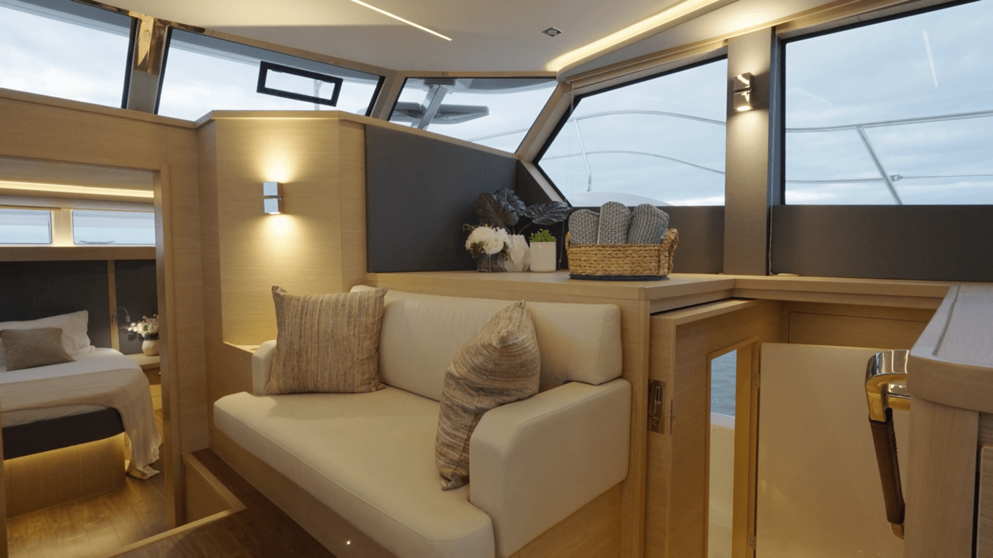 Aquila 50 bench seat opposite the dining/berth area