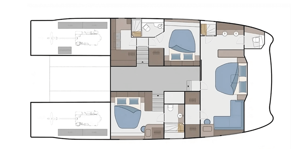 Aquila 50 standard layout with 3 staterooms and 3 heads