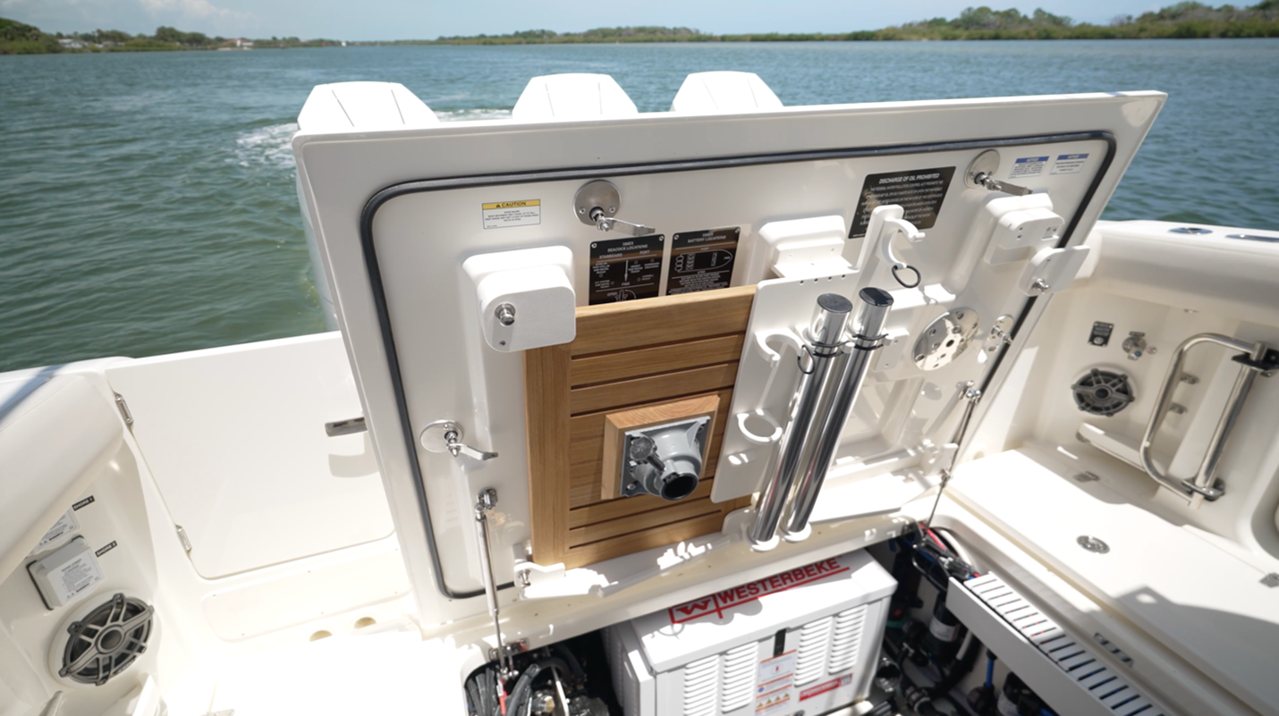 Boston Whaler 350 Realm deck hatch open