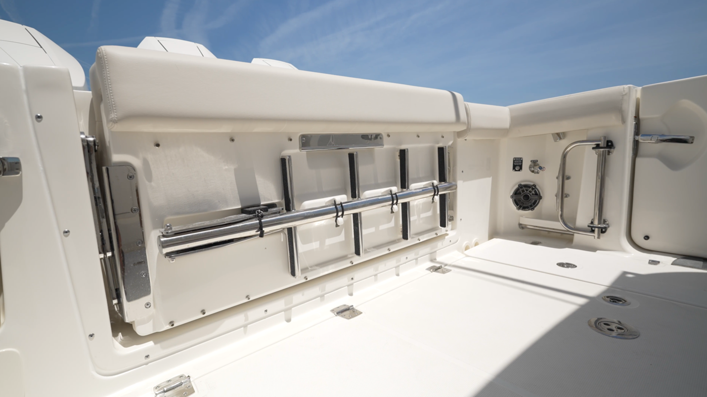 Boston Whaler 350 Realm dedicated storage for dive ladder