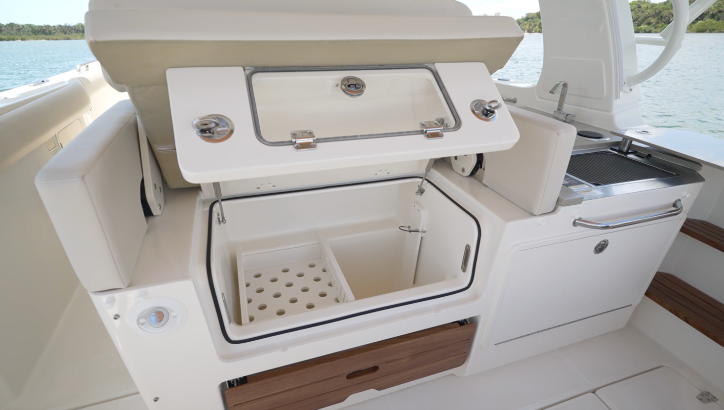 Boston Whaler 350 Realm storage area under seat