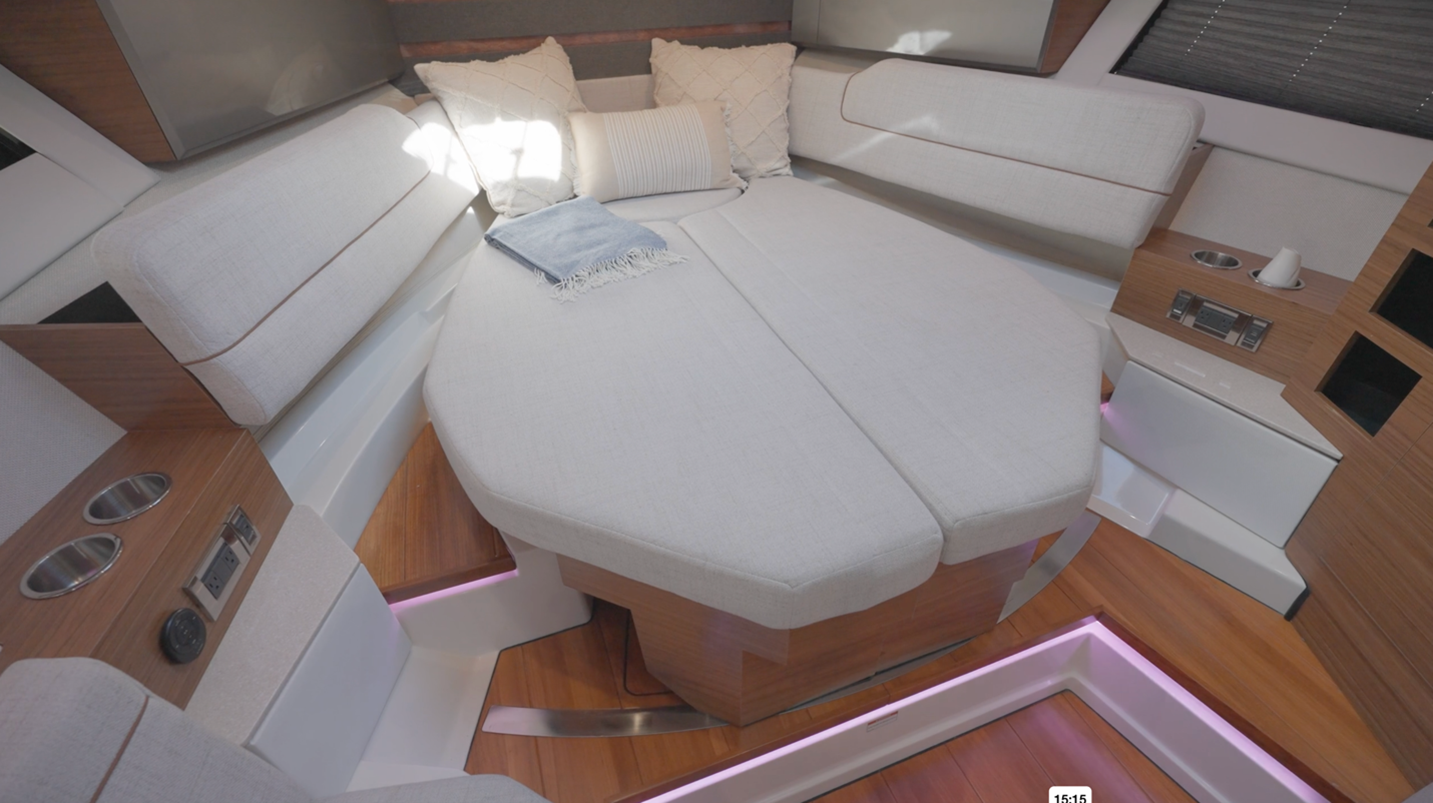 Boston Whaler 365 Conquest dining space converts to a large berth