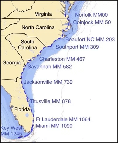 South on the ICW - Virginia to Florida map
