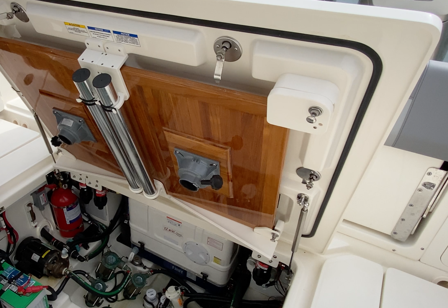 cockpit tables stowed, point of use storage